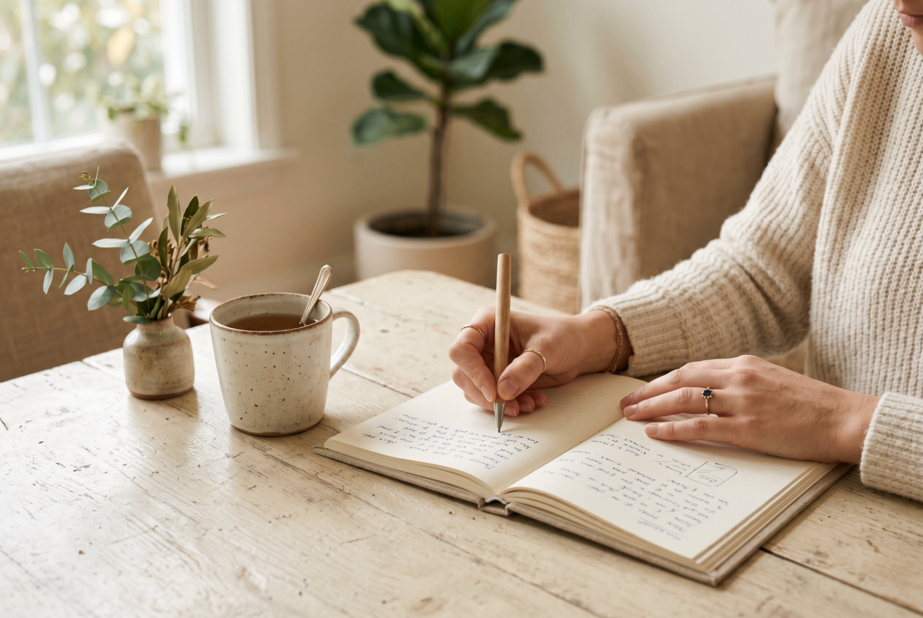 Hands writing in a journal at a sunlit table with tea and eucalyptus