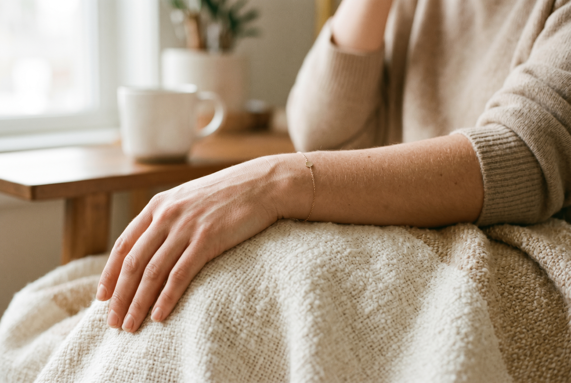 A hand resting on a knit blanket by a sunlit window